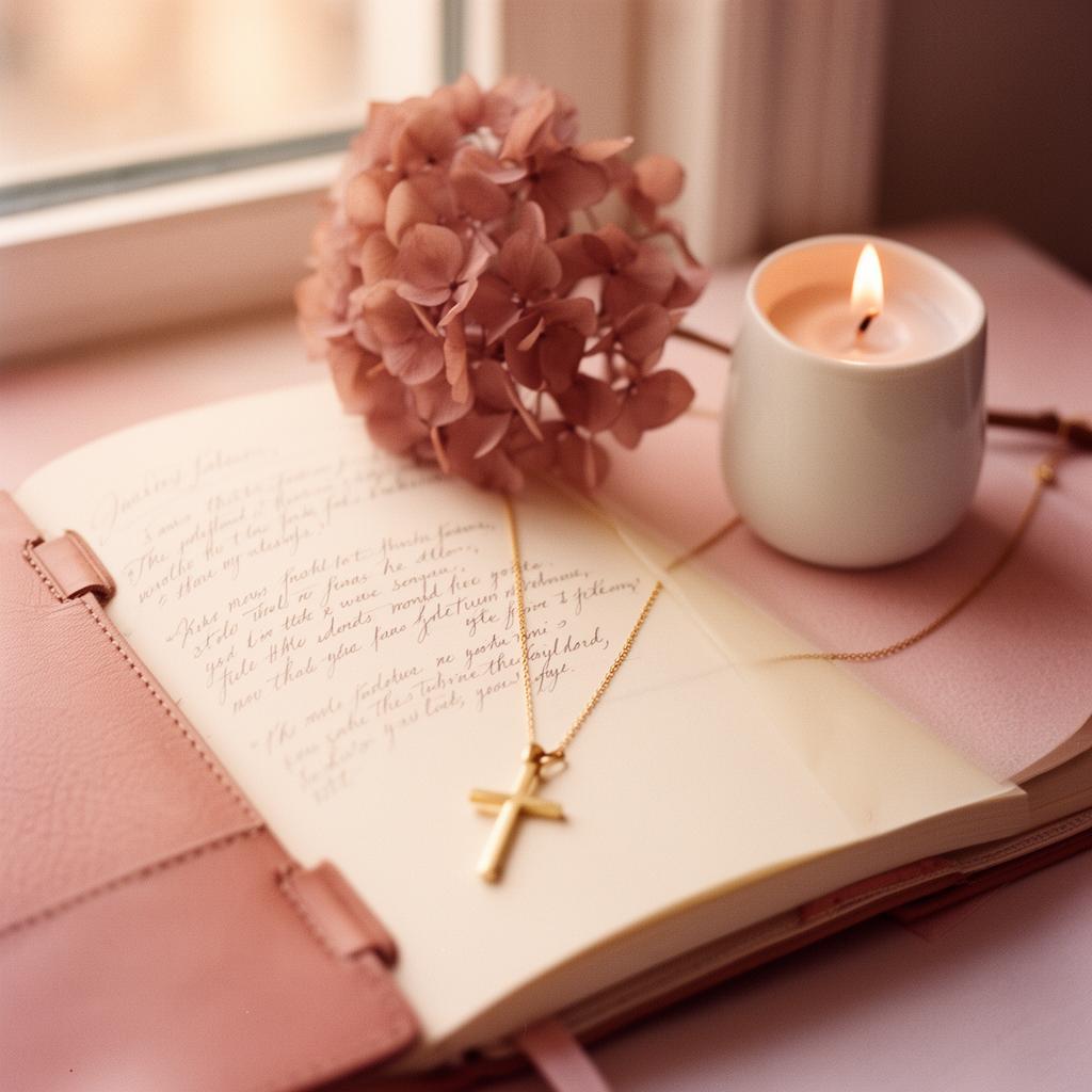Soft devotional flat lay with an open journal, dried hydrangea, gold cross, and gentle candlelight in warm blush tones