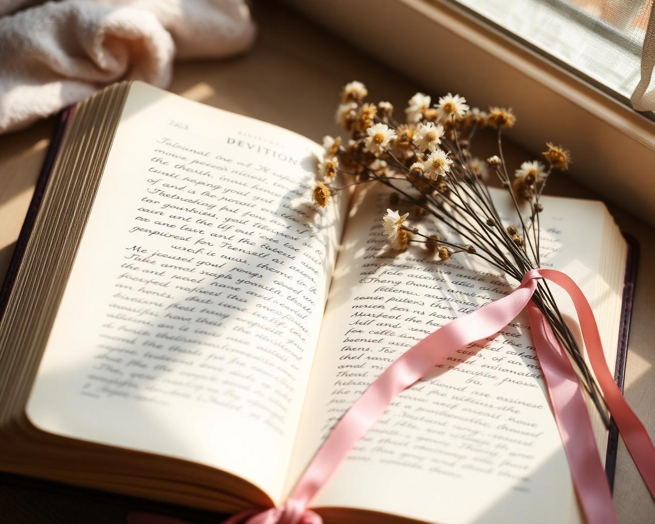 Open devotional with handwritten notes, a blush pink ribbon and dried flowers in soft window light