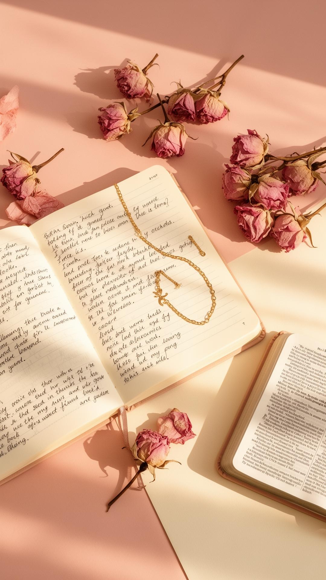 Open journal, dried roses, and a delicate gold chain on a blush pink and cream backdrop